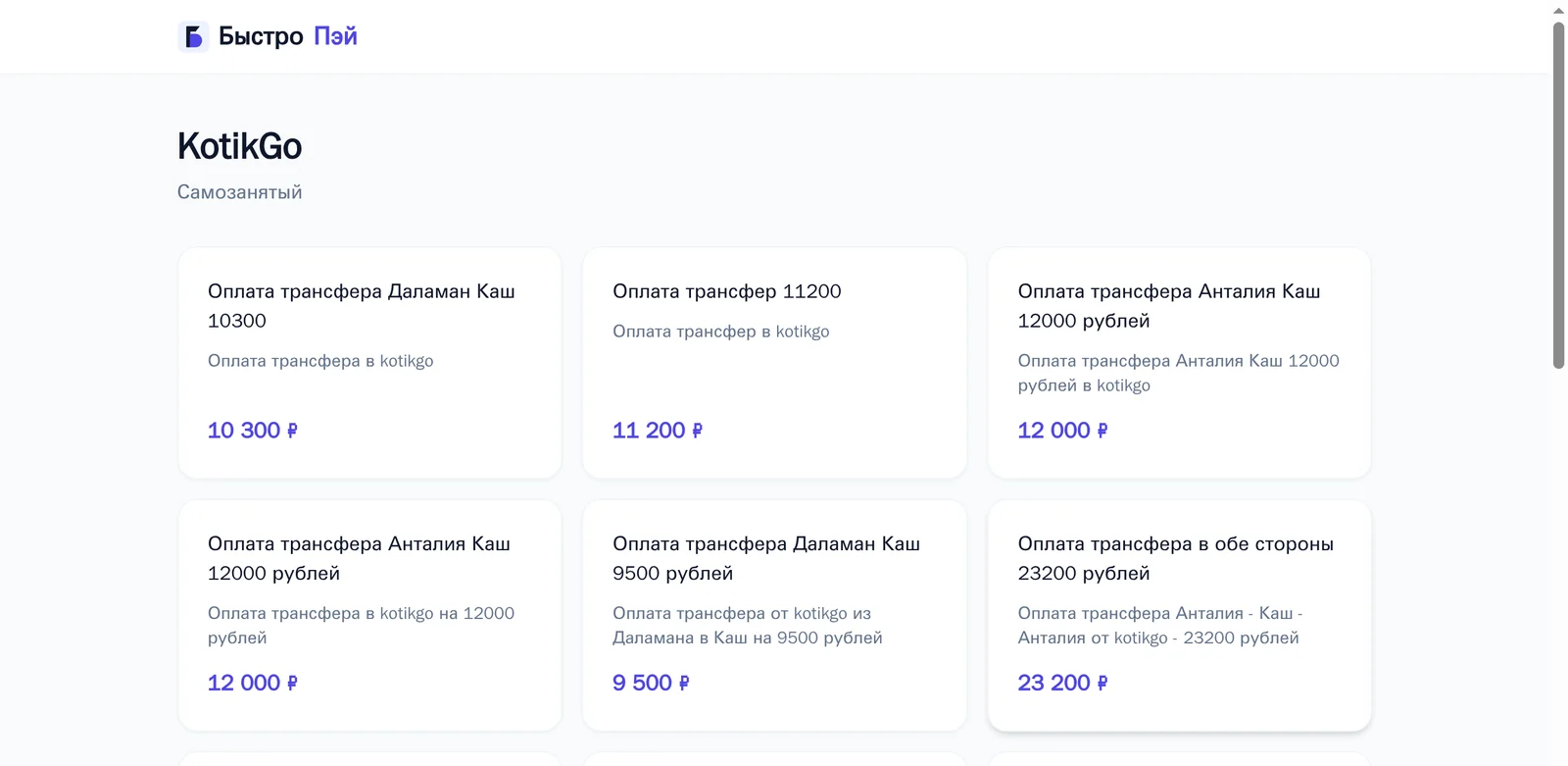 Страница компании KotikGo: карточки маршрутов с ценами в рублях